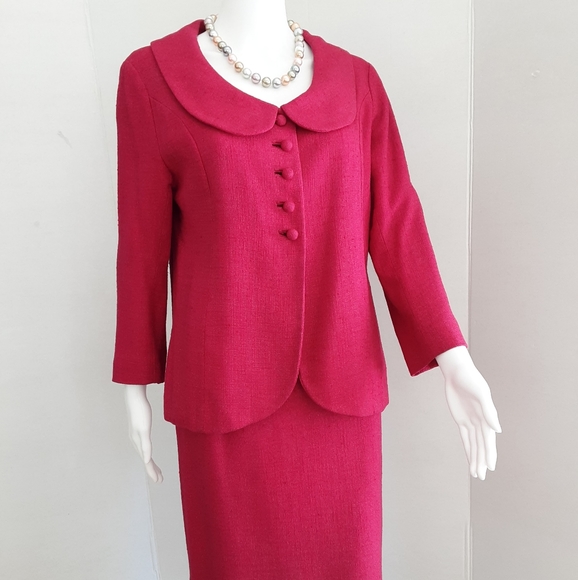 VTG FUCHSIA SILK LINEN BLEND PETER PAN COLLAR SUIT SZ 10 - Picture 1 of 13
